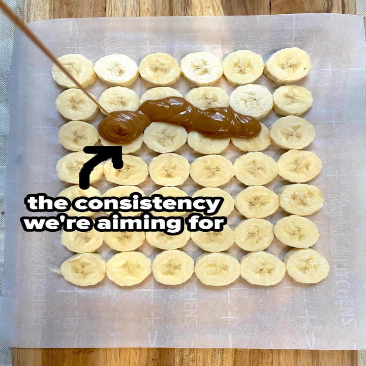 Cookie butter being poured onto sliced bananas