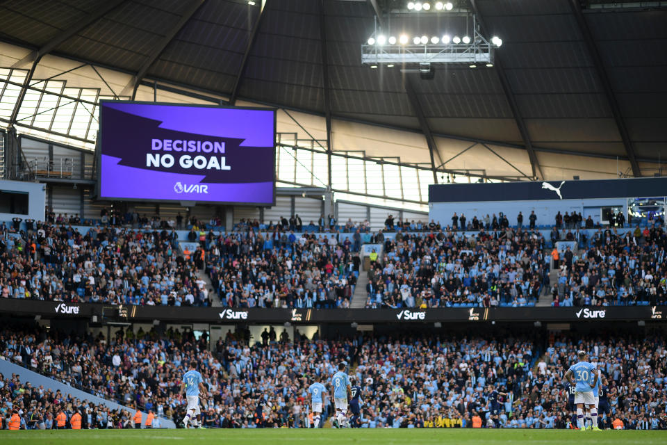 The big screen shows the VAR decision of No Goal for Gabriel Jesus of Manchester City third goal during the Premier League match between Manchester City and Tottenham Hotspur. (Photo by Shaun Botterill/Getty Images)