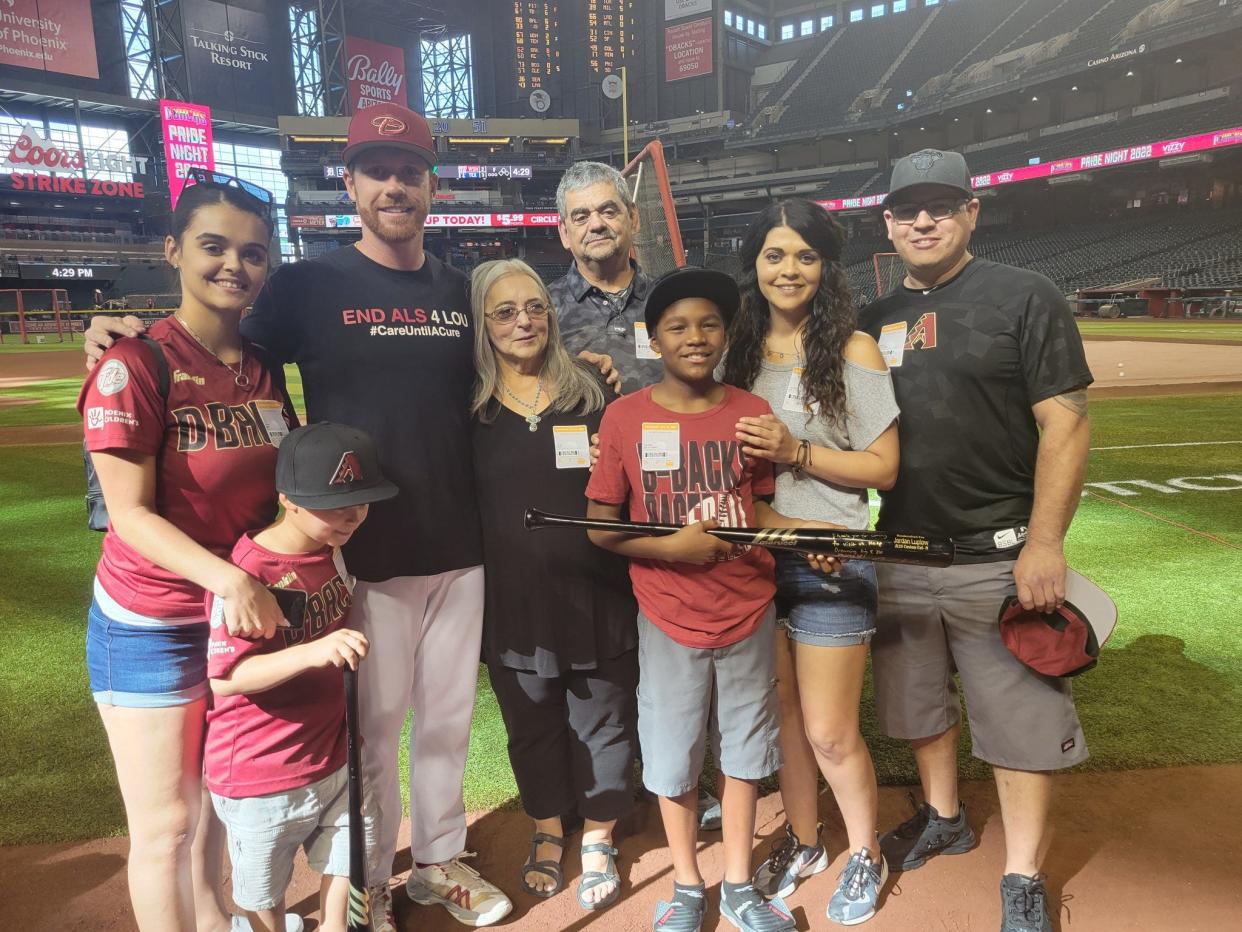 Attending their first MLB game as guests of the Diamondbacks on Saturday night are Hailey Tena De La Torre and her son, Carson; the Diamondbacks' Jordan Luplow; grandparents Susie and Frank Tena; and Devron De La Torre and his parents, Melissa and Tommy. The grandparents, from Globe, lost their home in a 2021 flood that followed a wildfire.