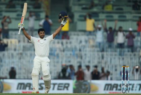 Cricket - India v England - Fifth Test cricket match - MA Chidambaram Stadium, Chennai, India - 19/12/16 - India's Karun Nair celebrates his triple century. REUTERS/Danish Siddiqui