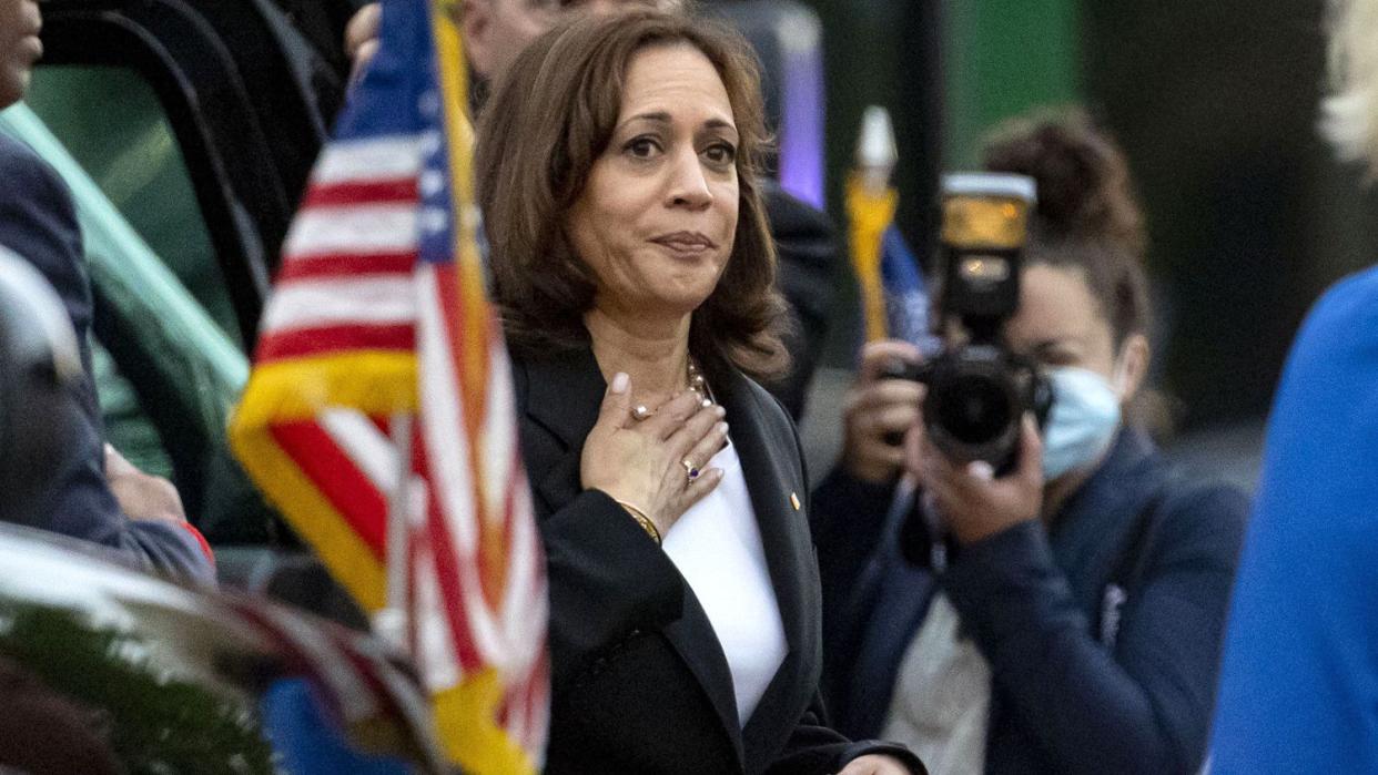 US Vice President Kamala Harris visits the site of a shooting which left seven dead in Highland Park, Illinois