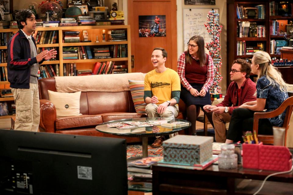 Rajesh (Kunal Nayyar), left, tells Sheldon (Jim Parsons), Amy (Mayim Bialik), Leonard (Johnny Galecki) and Penny (Kaley Cuoco) his romance strategy on Thursday's episode of 'The Big Bang Theory.'