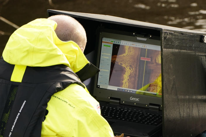 Workers from a private underwater search and recovery company, Specialist Group International, using a 18kHz side-scan sonar on the River Wyre, near St Michael&#39;s on Wyre, Lancashire, as they assist in the search for missing woman Nicola Bulley, 45, who was last seen on the morning of Friday January 27, when she was spotted walking her dog on a footpath by the river. Picture date: Monday February 6, 2023. (Photo by Danny Lawson/PA Images via Getty Images)