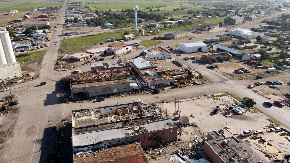 A view of the downtown area shows damage on June 16, 2023, in Perryton, Texas, from a tornado that swept through the region the night before.