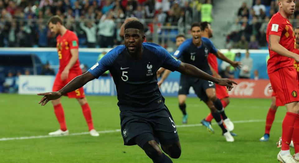 <p>Umtiti wheels away as France go 1-0 up </p>