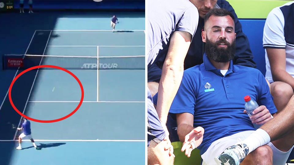 Benoit Paire (pictured right) talking to his coach and (pictured left) serving a double fault.