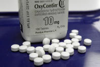 FILE - This Feb. 19, 2013, file photo shows OxyContin pills arranged for a photo at a pharmacy in Montpelier, Vt. Purdue Pharma, the company which makes OxyContin and other drugs, filed court papers in New York on Sunday, Sept. 15, 2019, seeking Chapter 11 bankruptcy protection. (AP Photo/Toby Talbot, File)