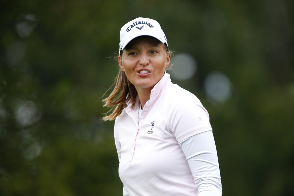 Perrine Delacour walks to the second hole during the third round of the LPGA's Cognizant Founders Cup golf tournament Saturday, Oct. 9, 2021, in West Caldwell, N.J. (AP Photo/Noah K. Murray)