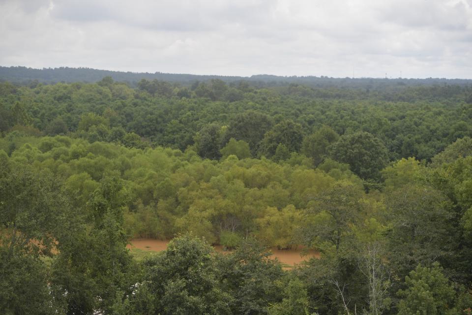 The Ocmulgee River, filled with red clay after recent rains, flows nine stories below the Great Temple Mound in Macon, Ga., on Aug. 22, 2022. (AP Photo/Sharon Johnson)