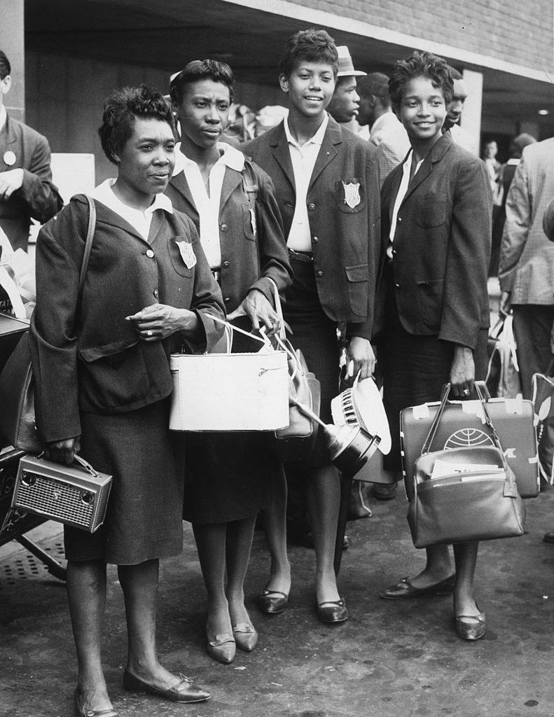 12th September 1960:  The 'Tennessee Tiger Belles', the American athletic team who collected three gold medals in the 1960 Olympic Games, arrive at London Airport from Rome for the Commonwealth versus USA athletics meeting at White City.