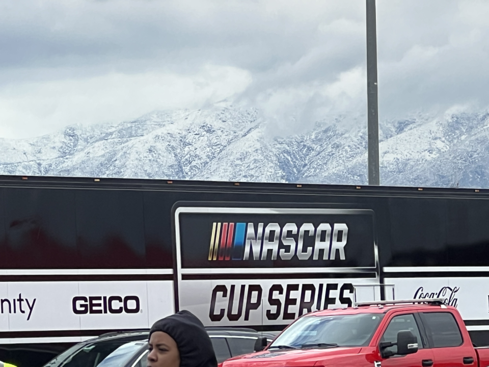 A view of the snowy San Bernardino Mountains from Auto Club Speedway in Fontana on Feb. 26, 2023.