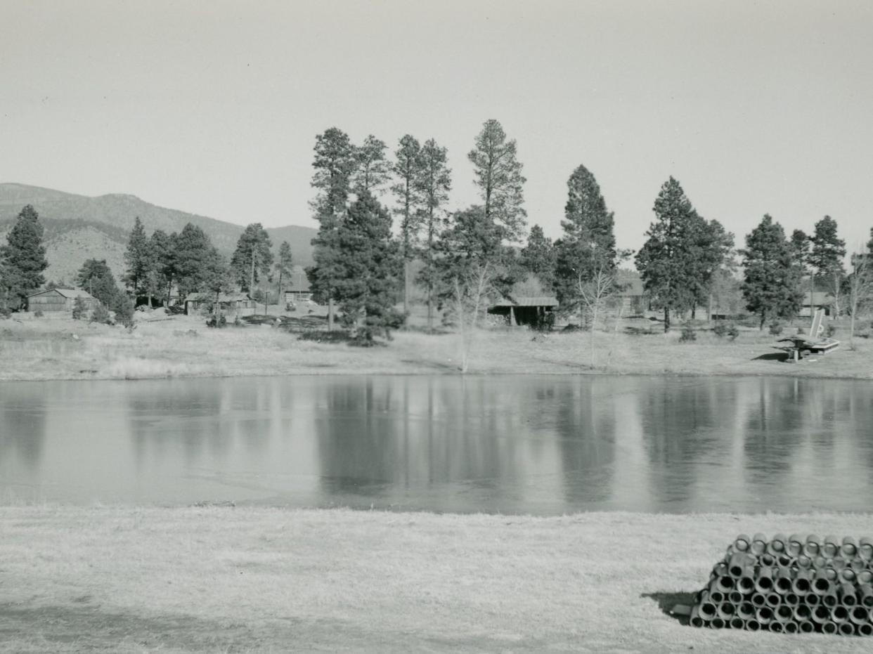 Buildings around Ashley Pond at the Los Alamos Project Y Site in 1942
