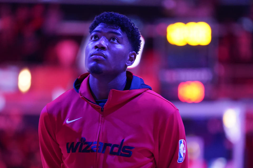 Washington Wizards forward Rui Hachimura, of Japan, stands on the court during a rendition of the national anthem before an NBA basketball game against the Philadelphia 76ers, Monday, Oct. 31, 2022, in Washington. (AP Photo/Patrick Semansky)