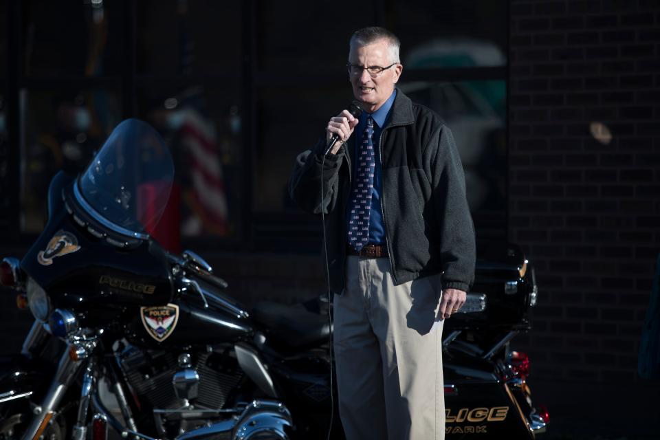 Newark Mayor Jerry Clifton speaks at the walkout ceremony for Newark police cpl. Patrick Craig Tuesday, Nov. 24, 2020, at the Newark Police Department. Craig is retiring after nearly 24 years on the police force.