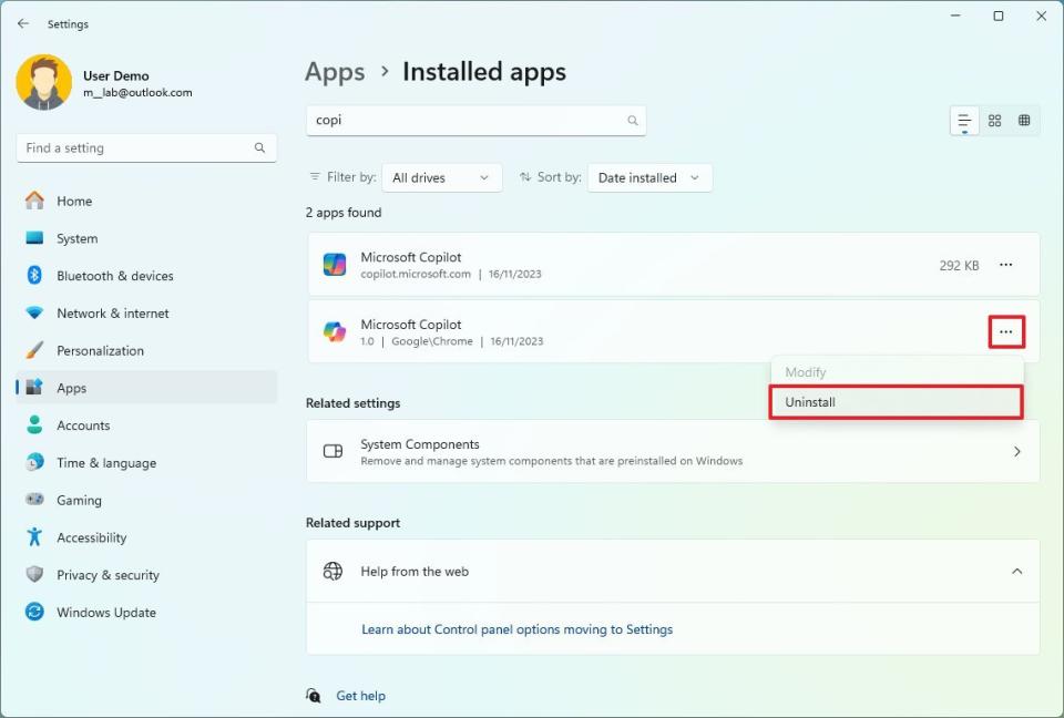 Windows 11 Settings uninstall Android apps