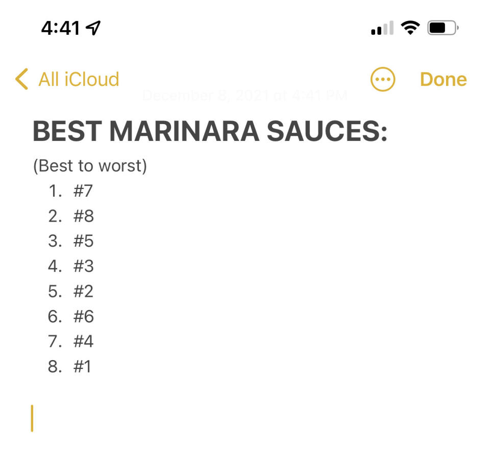 Screenshot of iPhone note with text: "BEST MARINARA SAUCES" listing the order, best to worst, 7, 8, 5, 3, 2, 6, 4, 1