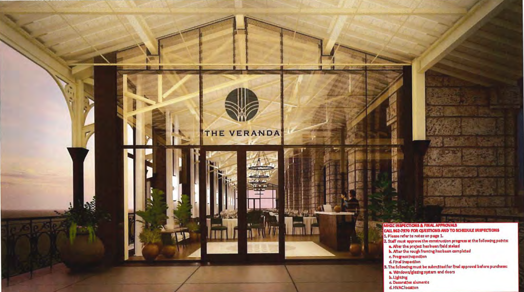 This architectural rendering of The Veranda events center under construction at Union Station Hotel depicts a public-access walkway along the terrace behind a planter. Developer Southwest Value Partners was ordered to stop construction over the walkway.