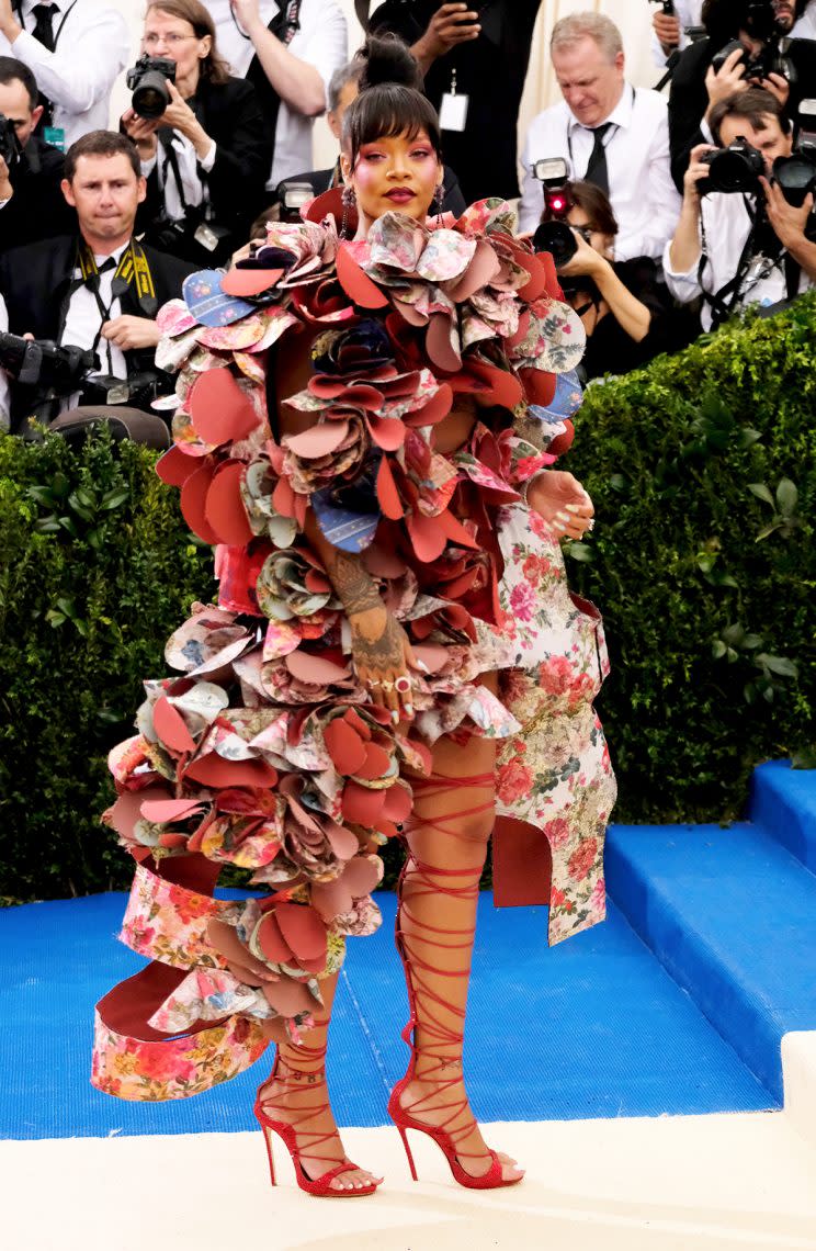 Rihanna attends the Met Gala wearing Comme des Garçons. (Photo: Charles Sykes/Invision/AP)