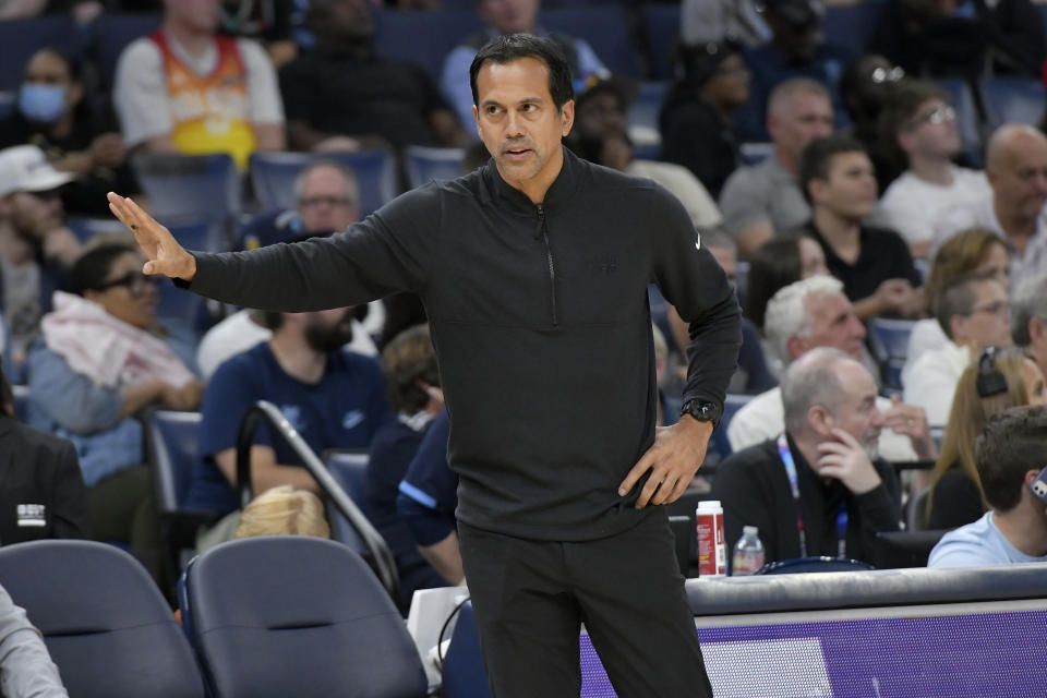 Miami Heat head coach Erik Spoelstra reacts from the sideline in the first half of an NBA basketball game against the Memphis Grizzlies Wednesday, Nov. 8, 2023, in Memphis, Tenn. (AP Photo/Brandon Dill)
