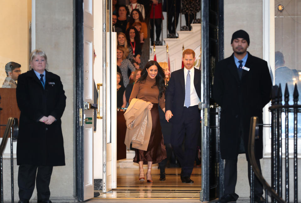 The Duke and Duchess of Sussex leaving after their visit to Canada House, central London, to meet with Canada's High Commissioner to the UK, Janice Charette, as well as staff, to thank them for the warm hospitality and support they received during their recent stay in Canada. (Photo by Yui Mok/PA Images via Getty Images)