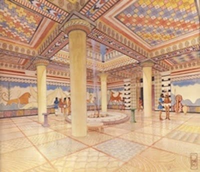 A watercolor reconstruction of the Pylos Throne Room by Piet de Jong.