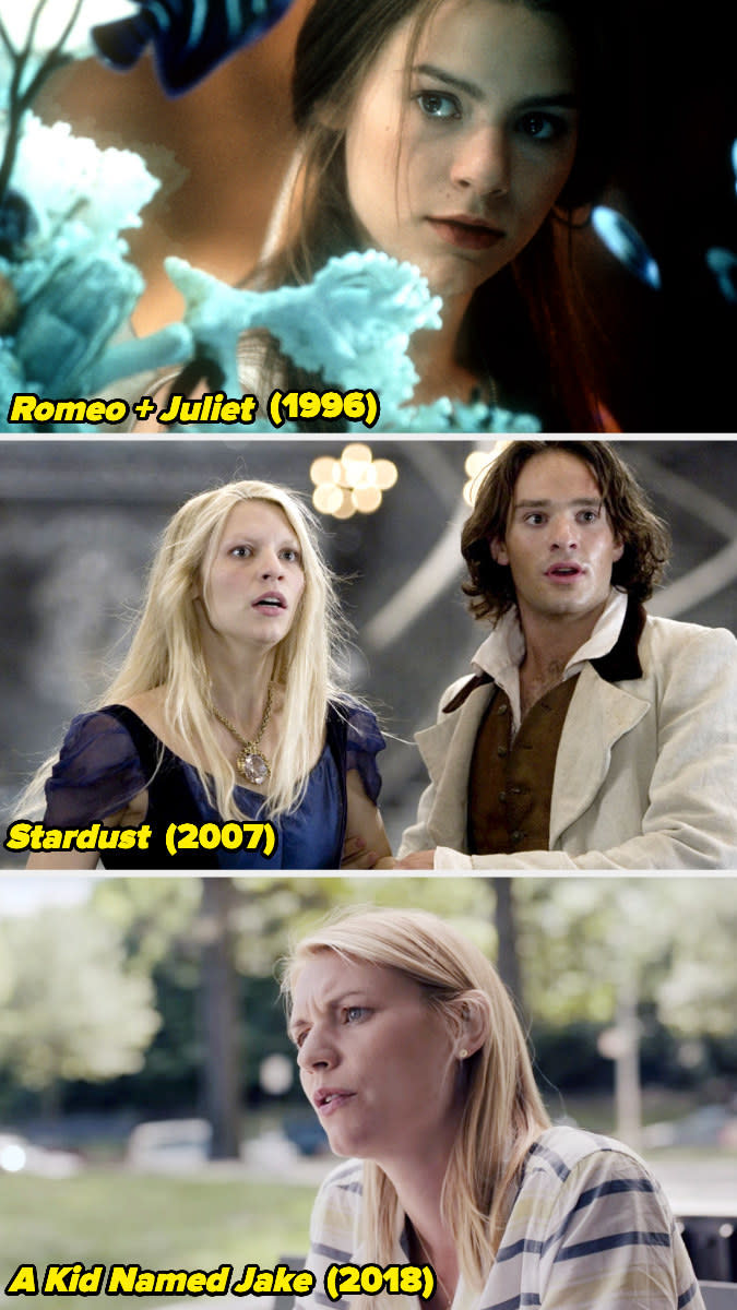 Stills of Claire Danes in "Romeo + Juliet," "Stardust," and "A Kid Named Jake."