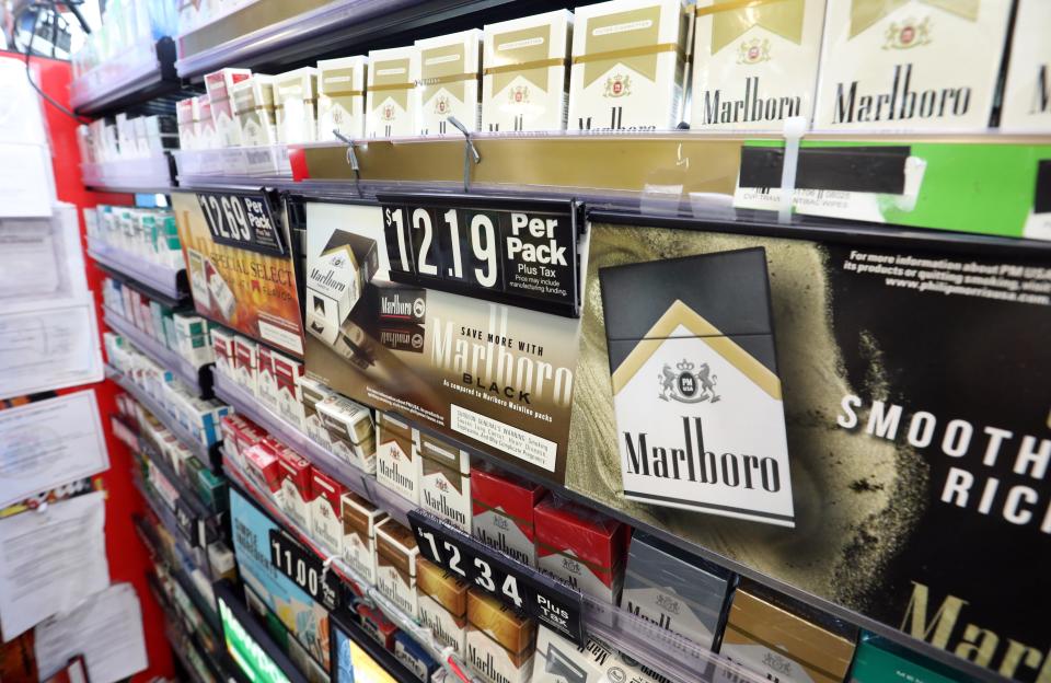 Cigarette shelf at the Chestnut Market convience store and Mobil gas station in Nanuet Sept. 8, 2023.