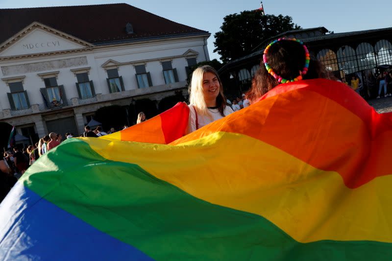 FILE PHOTO: Demonstrators protest against law that bans LGBTQ content in schools and media, in Budapest