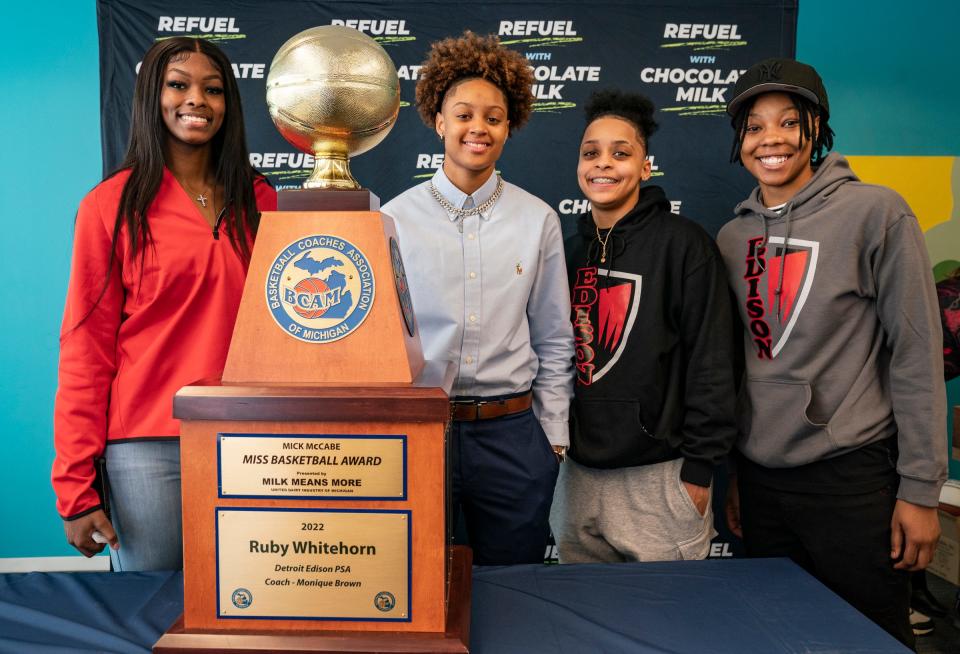 Detroit Edison has won four straight Mick McCabe Michigan Miss Basketball awards: From left, Rickea Jackson (2019), Ruby Whitehorn (2022), Damiya Hagemann (2021) and Gabrielle Elliot (2020) on Monday, March 14, 2022 in Detroit.