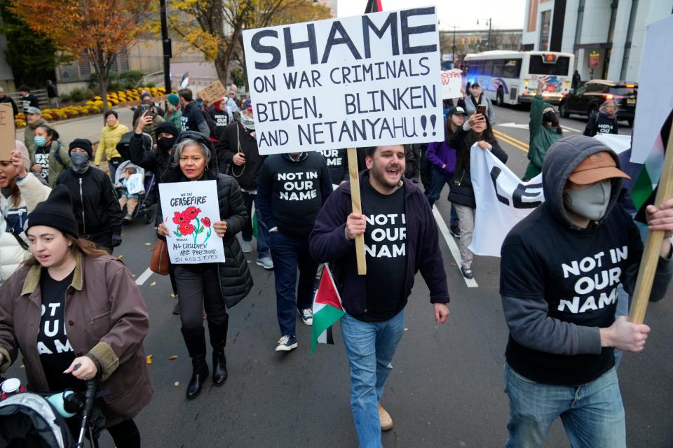 Hundreds march in the streets of Newark during a cease fire rally, Monday, November 13, 2023.