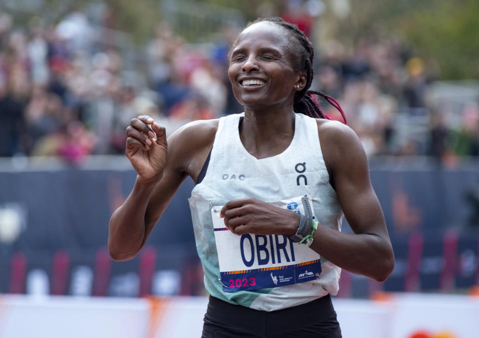 Hellen Obiri, of Kenya, crosses the finish line in the professional women's division of the New York City Marathon, Sunday, Nov. 5, 2023, in New York.(AP Photo/Craig Ruttle)