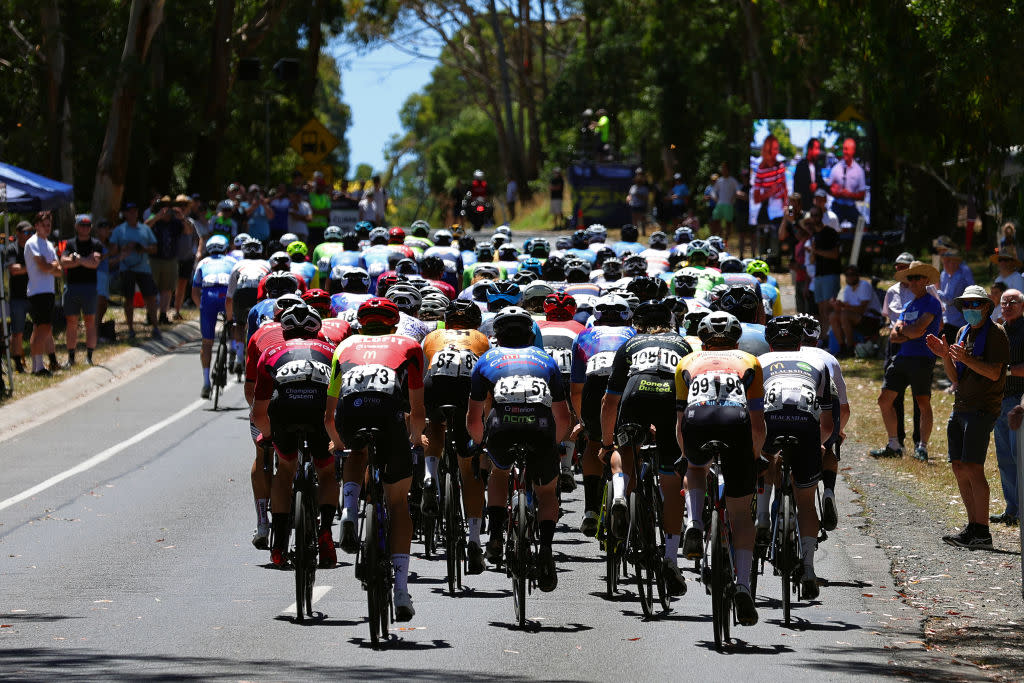  The peloton heading up Mount Buninyong Road in the elite men's road race in 2022 