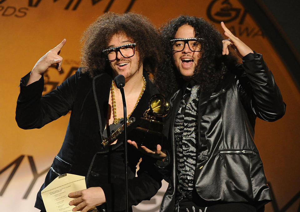 the duo at an award show on stage