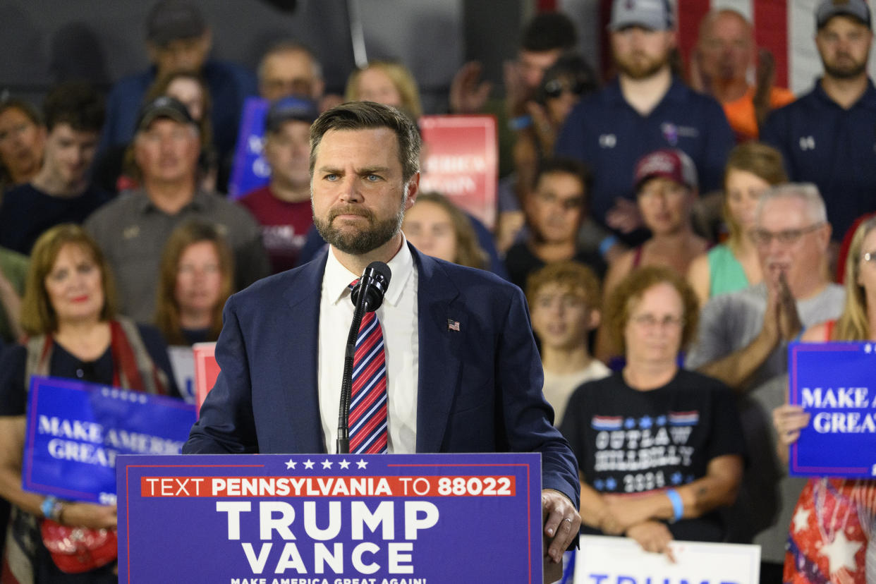 ERIE, PENNSYLVANIA - AUGUST 28: Republican vice presidential nominee, U.S. Sen. J.D. Vance (R-OH) speaks at a rally at trucking company, Team Hardinger on August 28, 2024 in Erie, Pennsylvania. Vance was expected to discuss economic and energy policies.  (Photo by Jeff Swensen/Getty Images)