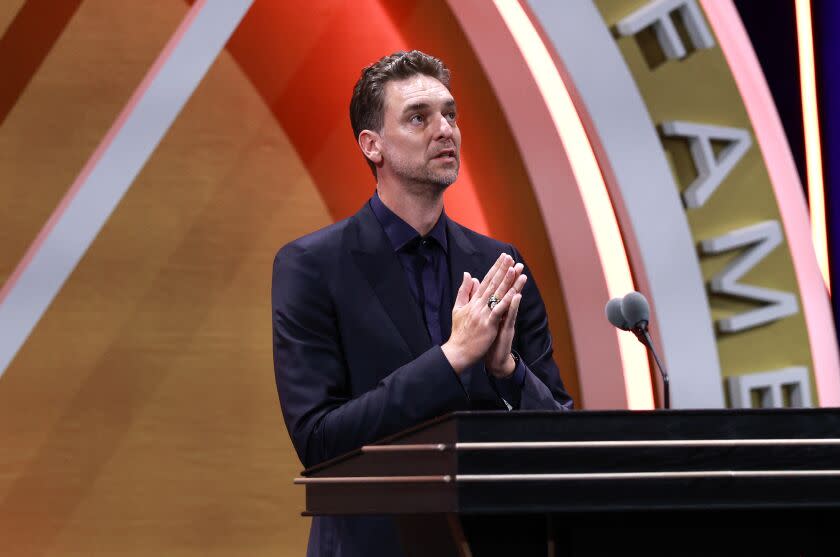 SPRINGFIELD, MASSACHUSETTS - AUGUST 12: 2023 inductee Pau Gasol speaks during the 2023.