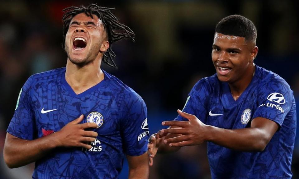 Reece James (left) scored Chelsea’s fifth on his debut, on a night when Frank Lampard also gave Tino Anjorin his first outing.