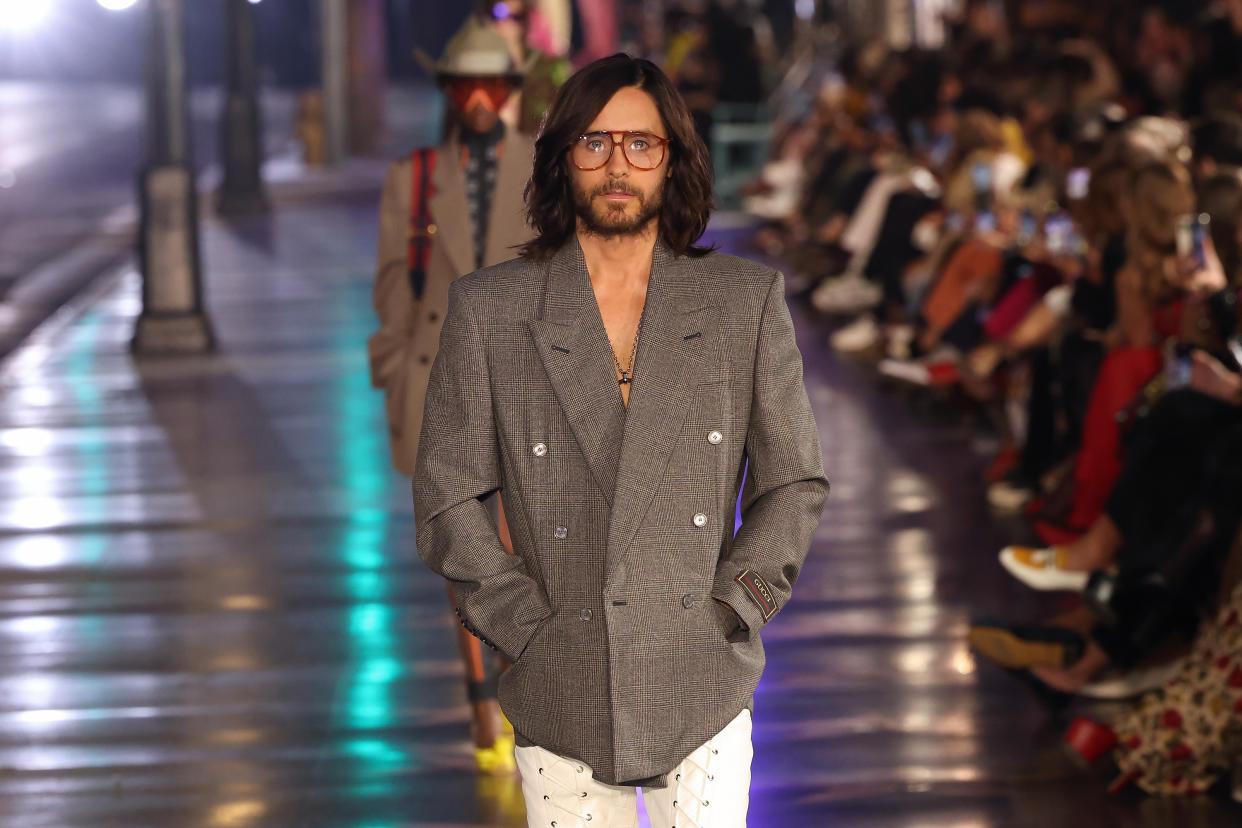 HOLLYWOOD, CALIFORNIA - NOVEMBER 02: Jared Leto walks the runway at the 2021 Gucci Love Parade down Hollywood Boulevard on November 02, 2021 in Hollywood, California. (Photo by Taylor Hill/WireImage)