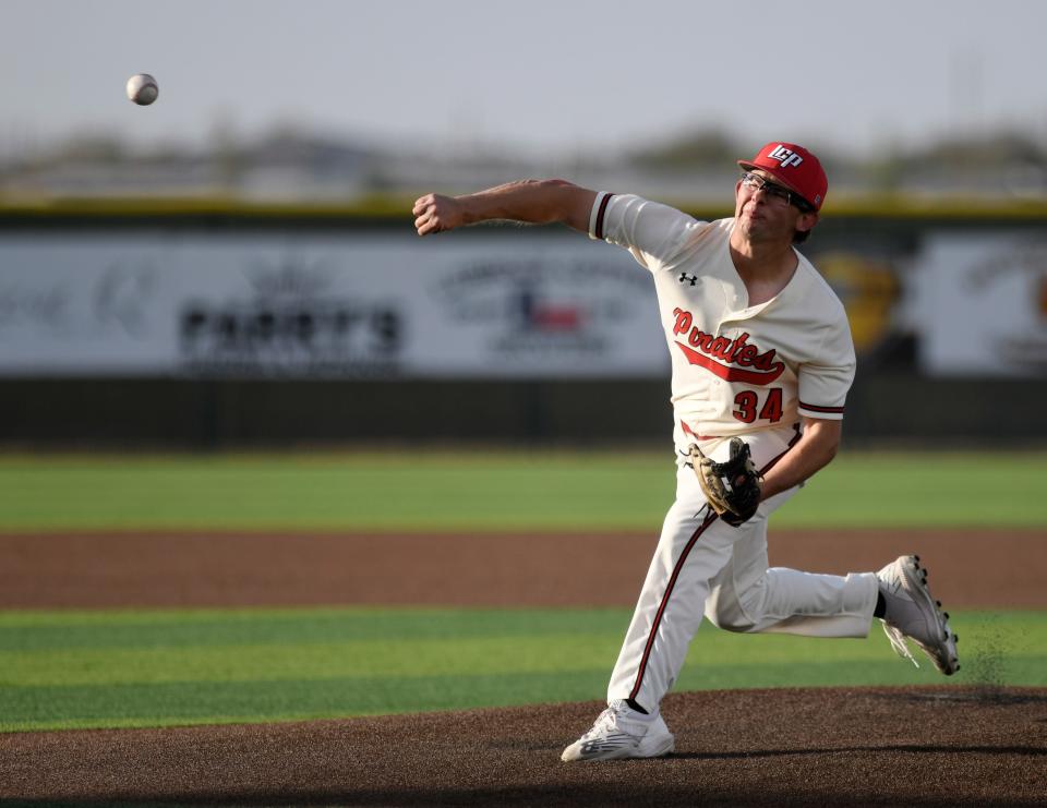 Lubbock-Cooper's Damian Pantoya pitches against Abilene High in a District 4-5A baseball game, Tuesday, April 25, 2023, at First United Park in Woodrow.