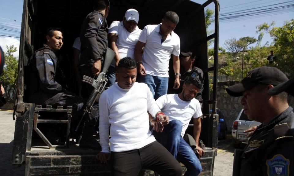 Douglas Bustillo, top left, and Mariano Diaz Chavez, top right, Oscar Aroldo Torres Velazquez, bottom left, and Henry Javier Hernandez Rodriguez, bottom right, were found guilty of murdering Berta Cáceres.