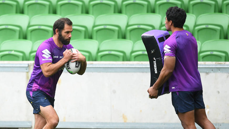 Pictured here, Melbourne Storm captain Cameron Smith trains at AAMI Park.