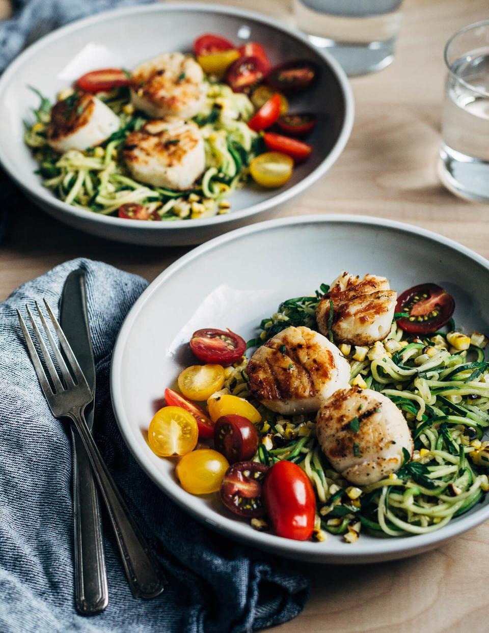 Grilled Scallops With Herbed Zucchini Noodles and Charred Corn From Brooklyn Supper