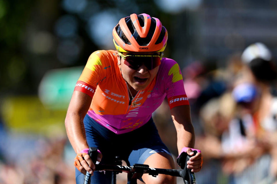 ALBI FRANCE  JULY 27 Ricarda Bauernfeind of Germany and Team CanyonSRAM Racing celebrates at finish line as stage winner during the 2nd Tour de France Femmes 2023 Stage 5 a 1261km stage from OnetleChteau to Albi 572m  UCIWWT  on July 27 2023 in Albi France Photo by Tim de WaeleGetty Images