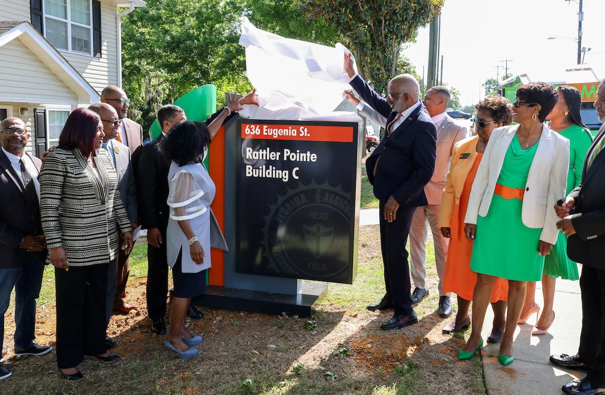 Unveiling of the Rattler Pointe sign on FAMU’s campus as members of the U.S. Department of Education visit FAMU’s recently purchased housing on Wednesday April 26, 2023. The units were purchased with HEERF funds.