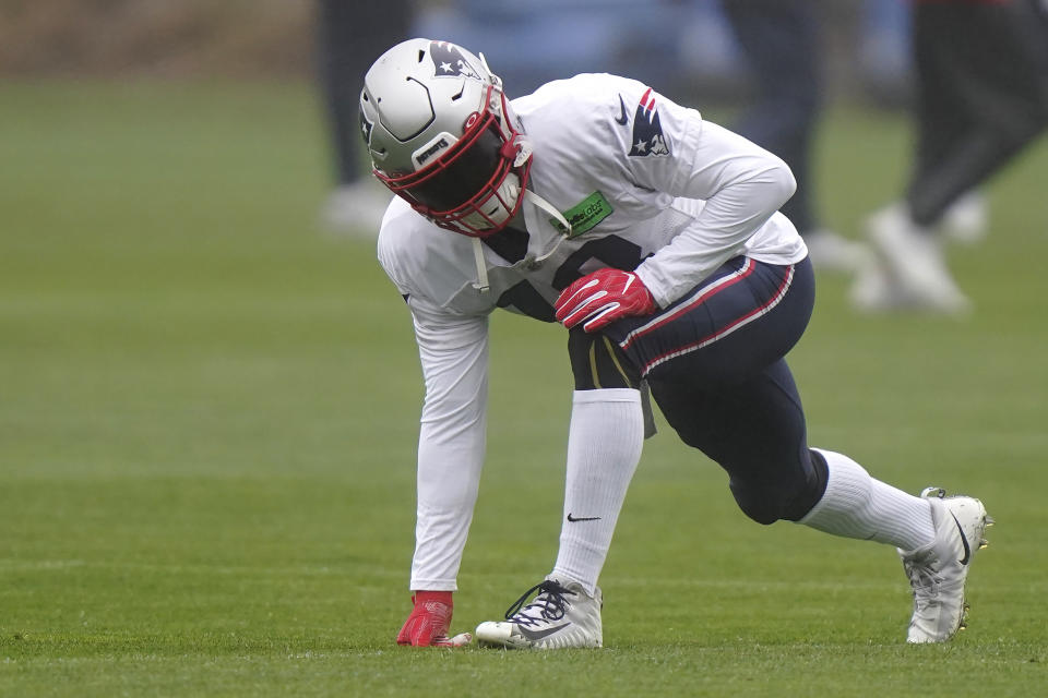 New England Patriots wide receiver Matthew Slater warms up during an NFL football practice, Wednesday, Nov. 16, 2022, in Foxborough, Mass. (AP Photo/Steven Senne)