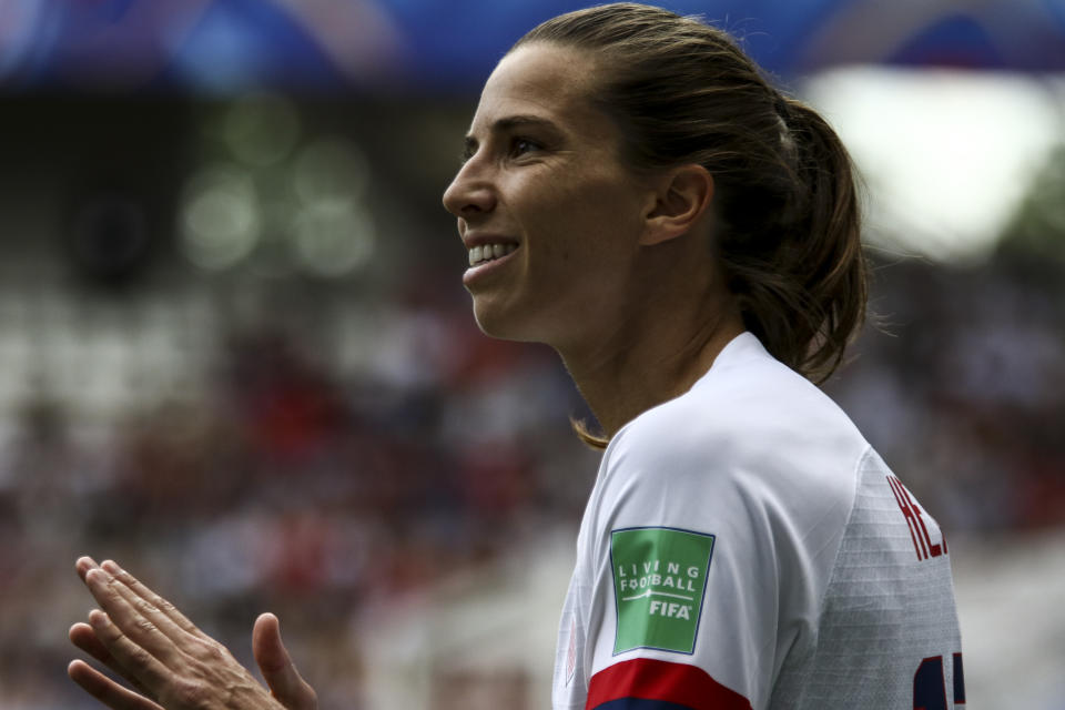 Tobin Heath 17, during the France 2019 Women's World Cup round of sixteen football match between Spain and USA, on June 24, 2019, at the Auguste-Delaune stadium in Reims, northern France. (Photo by Elyxandro Cegarra/NurPhoto via Getty Images)