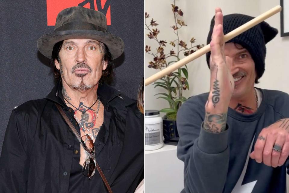 <p>Getty;Tommy Lee/Instagram</p> Tommy Lee twirls a drumstick on Instagram for the first time in years following hand surgery