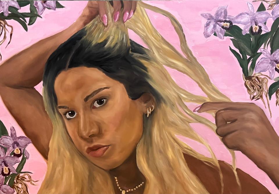 Sylvia Tirado, an 11th grade student from High Wycombe, United Kingdom, received the best-in-show student artwork award for “Are My Roots Showing?” in the 2024 Embracing Our Differences exhibit.