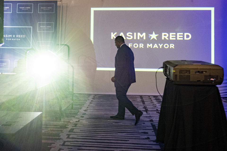 Atlanta mayoral candidate Kasim Reed takes the stage at his election night party early Wednesday, Nov. 3, 2021, in Atlanta. (AP Photo/Ben Gray)