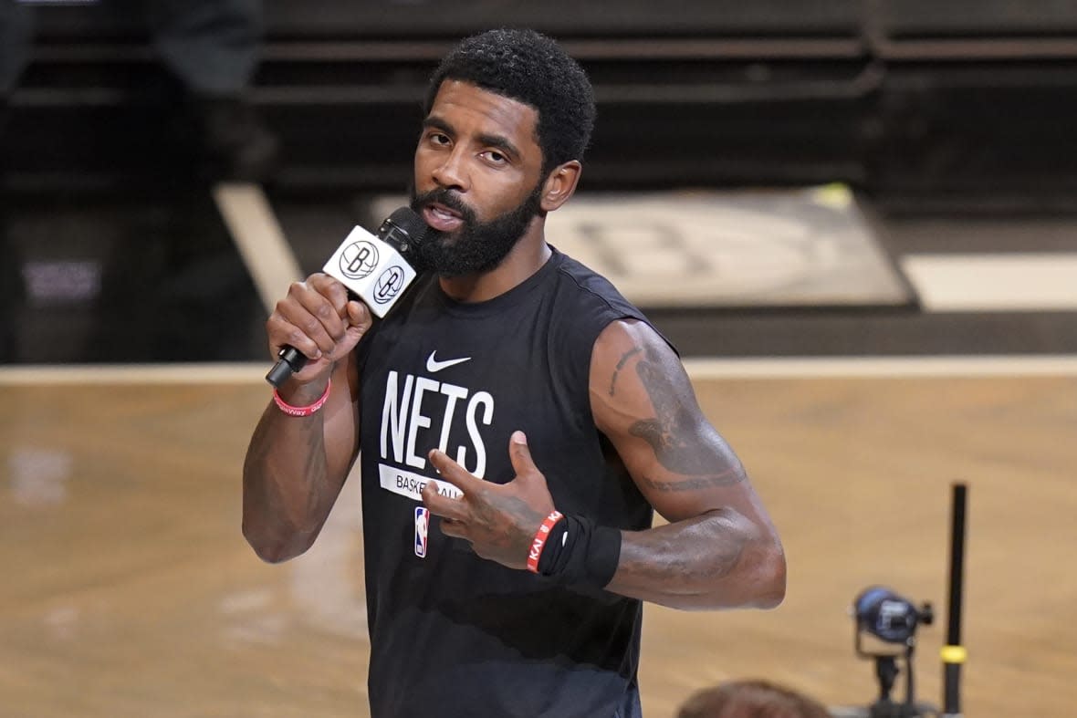 Brooklyn Nets guard Kyrie Irving is getting support from those who believe he has been treated unfairly in connection with a Social Media link he shared that some have called antisemitic. (AP Photo/Frank Franklin II, File)