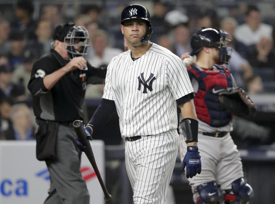 New York Yankees' Gary Sanchez reacts after striking out against the Boston Red Sox during the fourth inning of Game 3 of baseball's American League Division Series, Monday, Oct. 8, 2018, in New York. (AP Photo/Frank Franklin II)